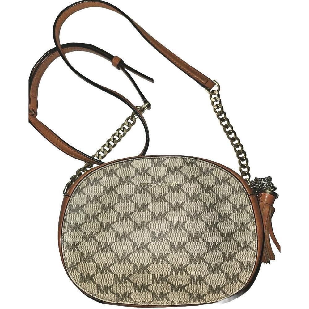 Michael Kors Ginny Small Oval Monogrammed Crossbody Bag Brown - Picture 4 of 13